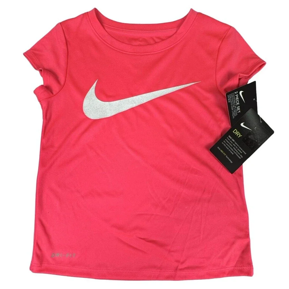 Nike Girls Size 6 Dri-Fit Set 2-Piece Pink Shirt Gray Shorts Athletic Casual New